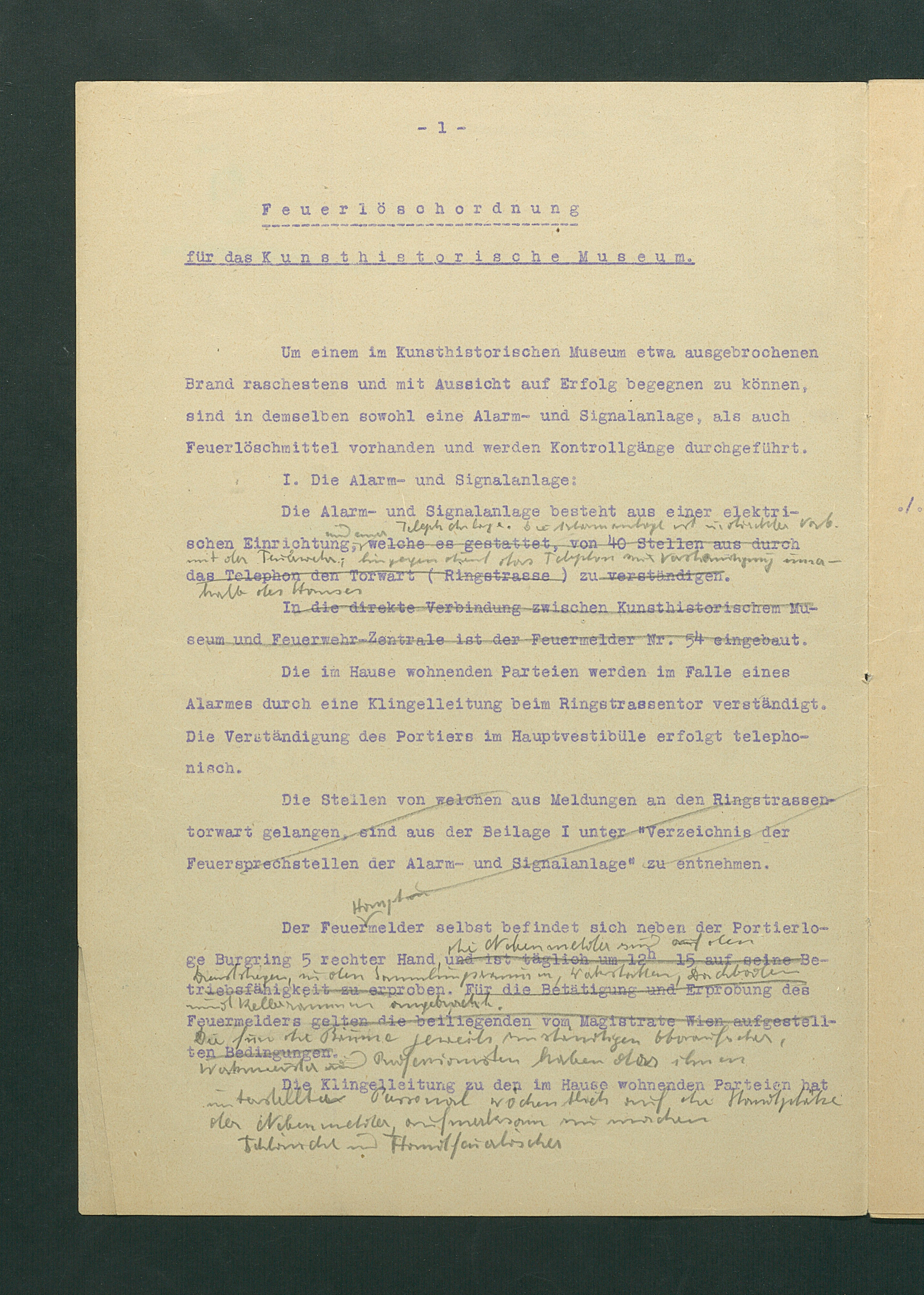 Kunsthistorisches Museum Instruktion Feuerlöschordnung für das