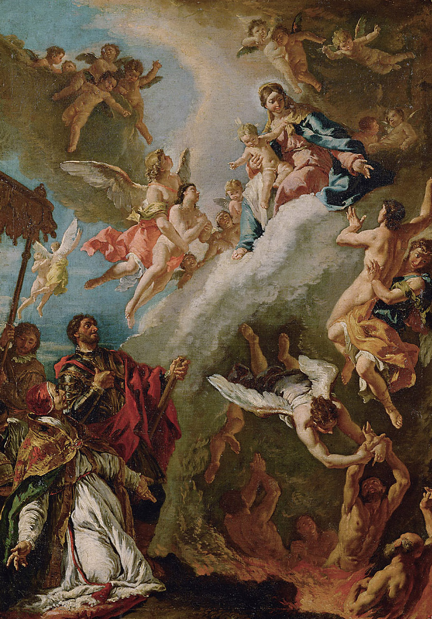 Papst Gregor I. und der Hl. Vitalis bitten die Madonna für die Seelen im Fegefeuer von Francesco Fontebasso