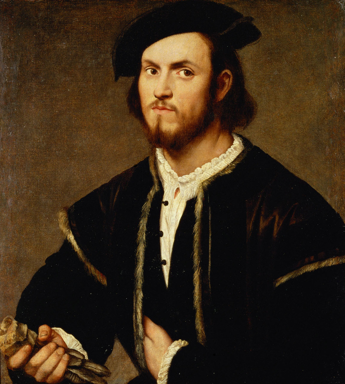 Bildnis eines jungen Mannes mit Barett und Handschuhen, Bernardino Licinio, 1520-1525
