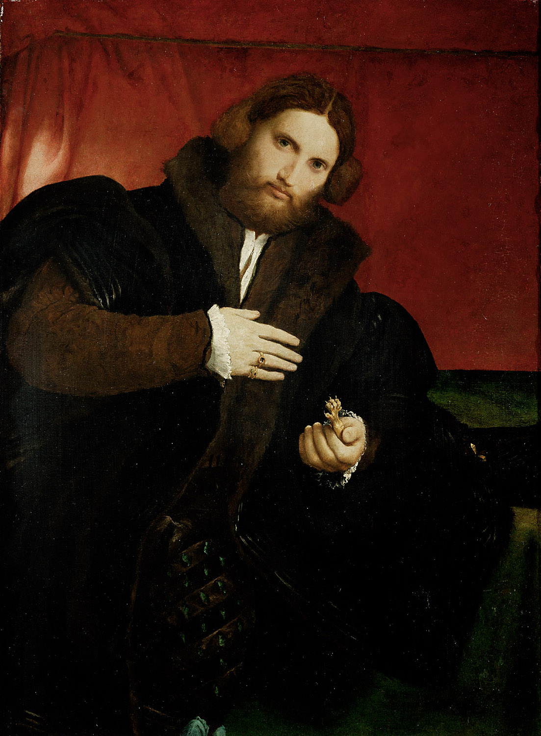 Bildnis eines Mannes mit einer goldenen Tierpranke (Leonino Brembate?), Lorenzo Lotto, 1524-1525