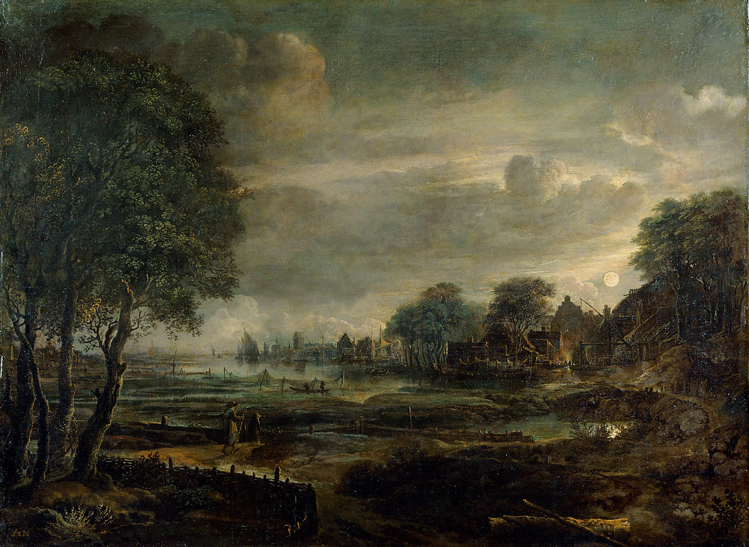 Landschaft mit Dorf bei Mondschein, Aert van der Neer, 1645-1655