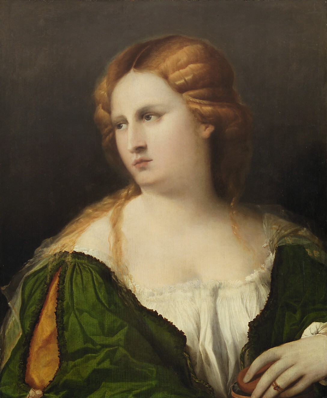 Kunsthistorisches Museum: Junge Frau in grünem Kleid, in der Hand eine ...