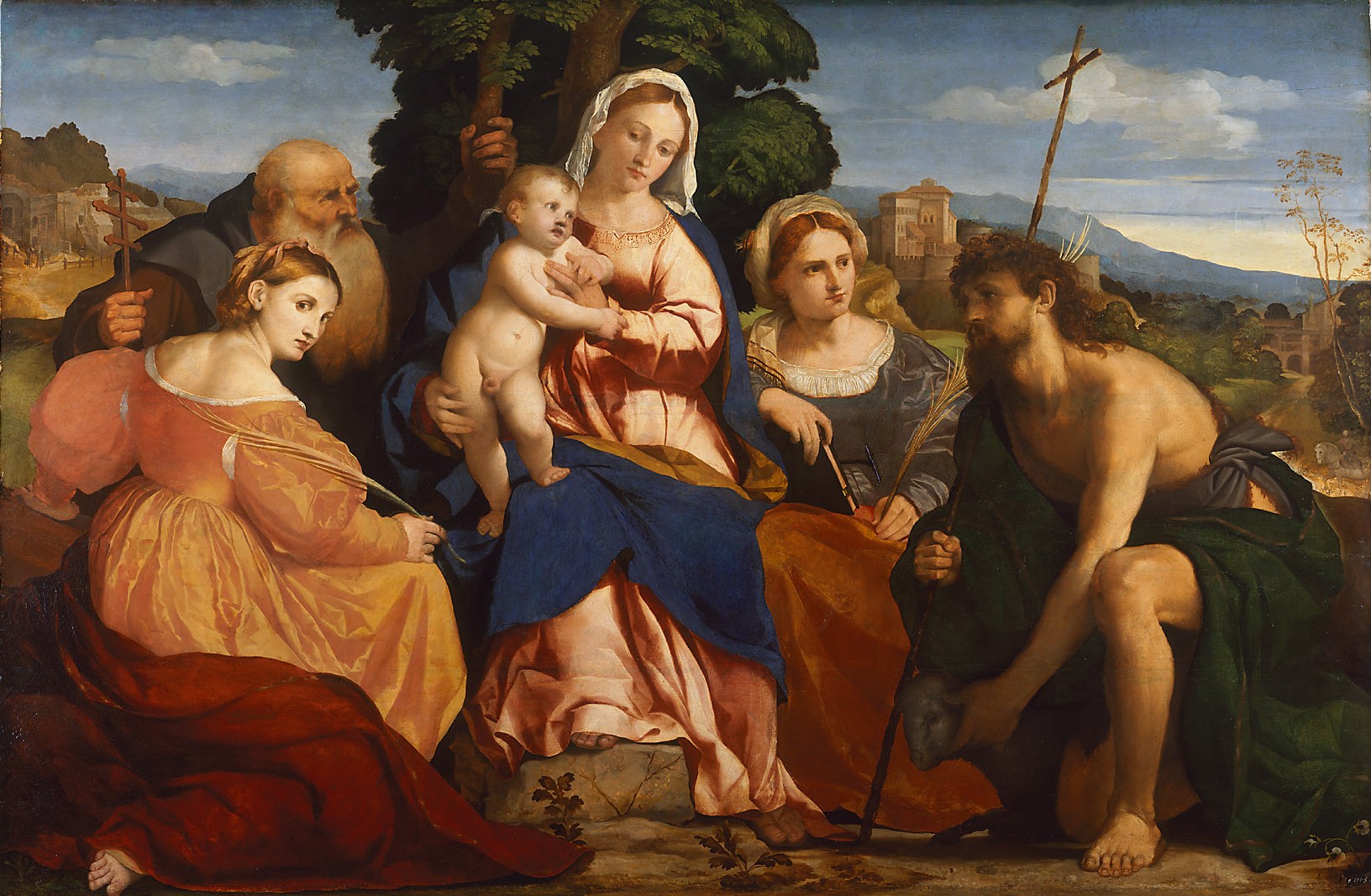 Maria mit Kind und Heiligen Katharina und Coelestin (links) und Johannes d. Täufer und Barbara (rechts), Jacopo Negretti, gen. Palma il Vecchio, 1520-1522