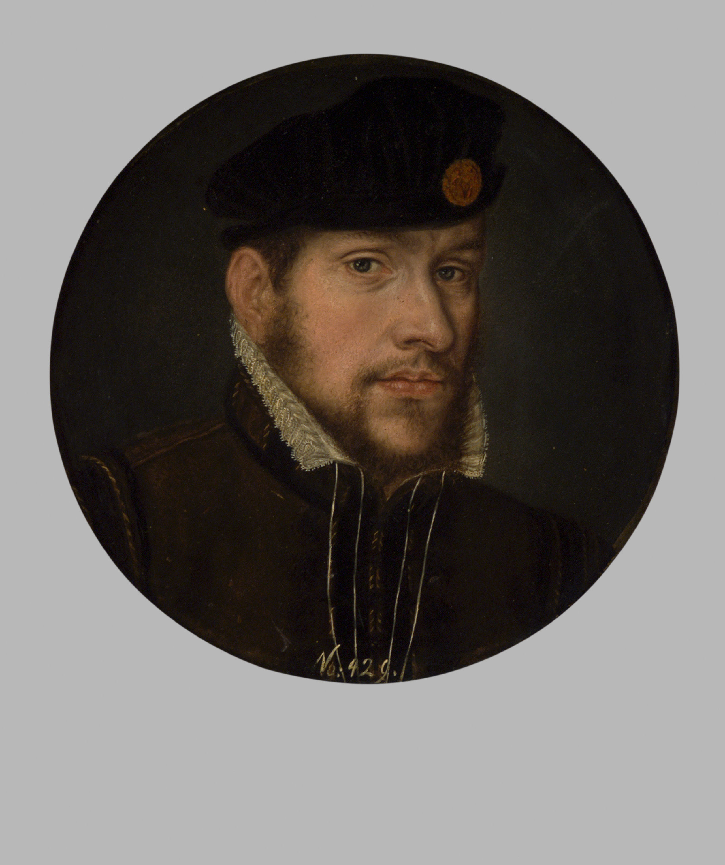 Bildnis eines ungekannten Mannes in braunem Wams mit braunem kurzem Bart und Schnurrbart und Barett, Niederländisch, 1540-1560