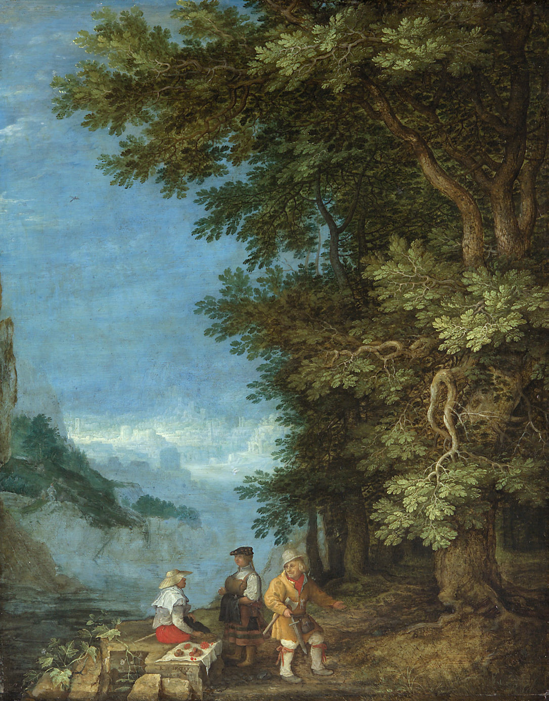 Gebirgslandschaft mit Obstverkäufern, Roelant Savery, 1609
