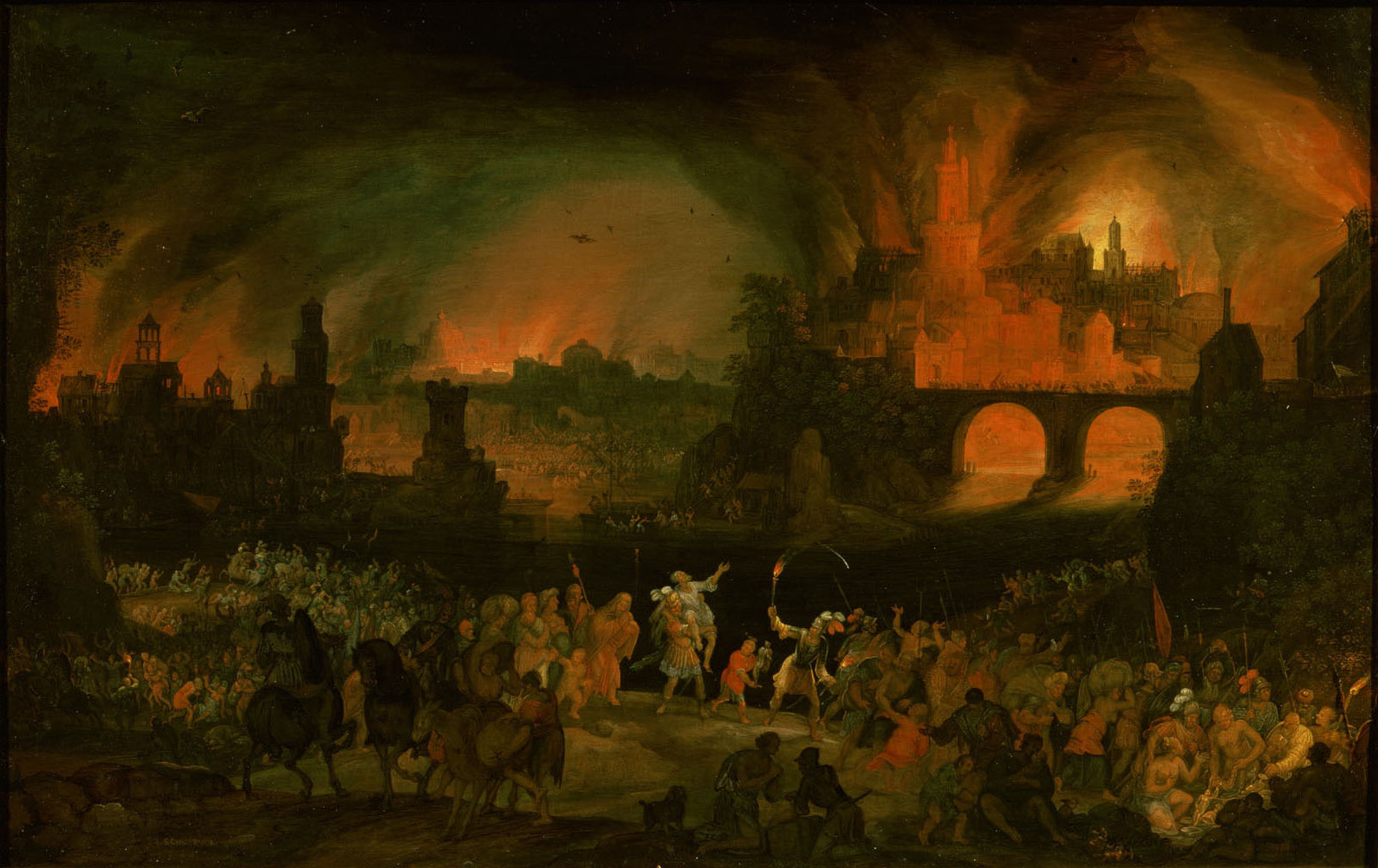 Aeneas trägt seinen Vater Anchises aus dem brennendem Troja, Pieter Schoubroeck, 1606