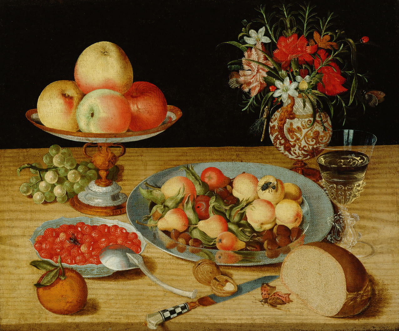 Stillleben mit Früchten, Weinglas und Blumenvase, Isaak Soreau, 1630-1635
