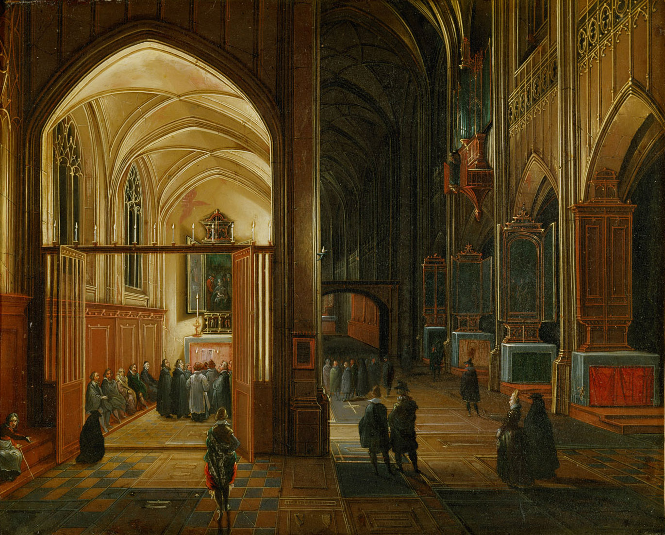 Abendlicher Gottesdienst in einer gotischen Kirche, Hendrick van Steenwijck d. Ä., 1595-1605