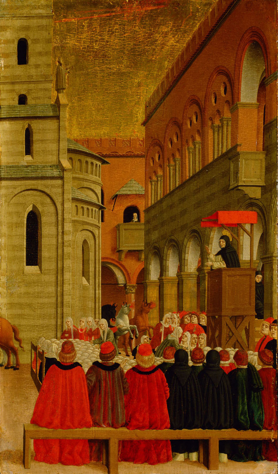 Szene aus dem Leben des Hl. Vinzenz Ferrer: Der Teufel vesucht in Form dreier wilder Pferde die Predigt des Heiligen zu stören, Angelo degli Erri, 1450-1475