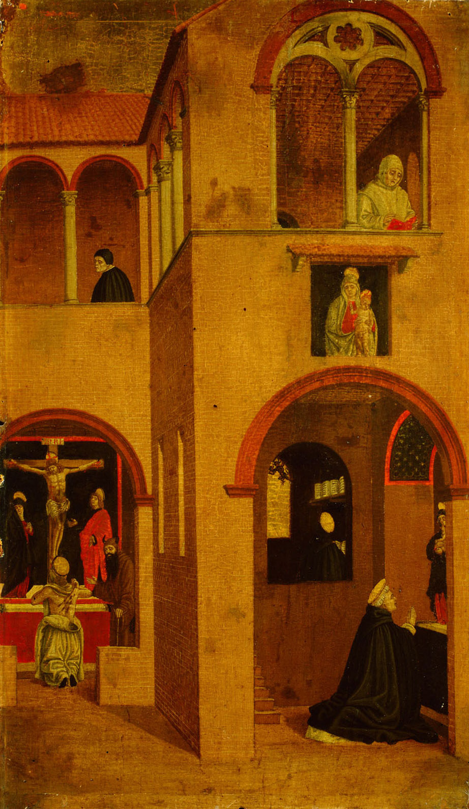 Szene aus dem Leben des Hl. Vinzenz Ferrer: Der Heilige wird vor dem Altar und in seiner Zelle beim Lesen des Heiligen Hieronymus vom Teufel versucht; er wird von der Muttergottes getröstet, Angelo degli Erri, 1450-1475