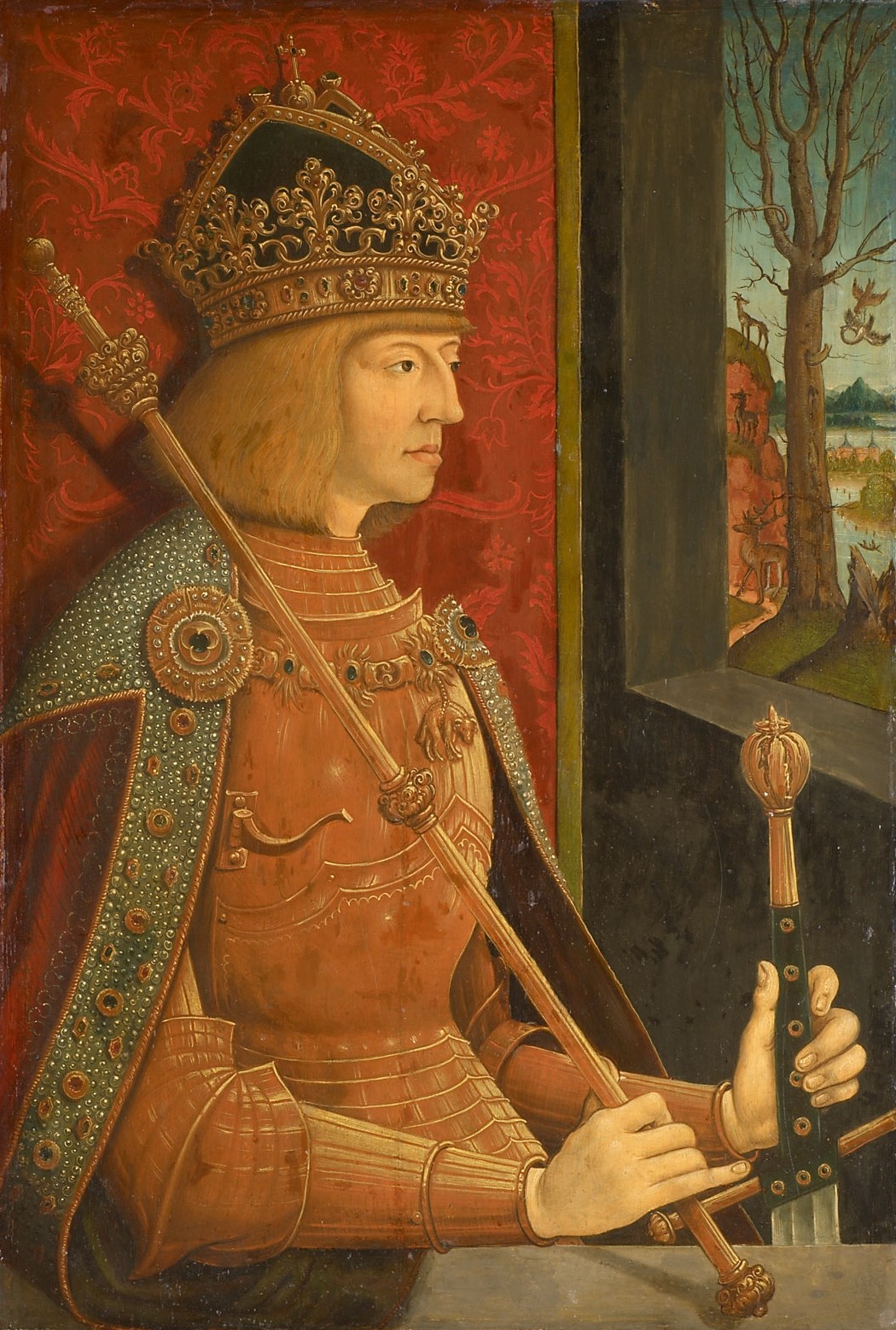 Maximilian I. (1459-1519), Bildnis in halber Figur im goldenen Harnisch, Bernhard Strigel, 1495-1505
