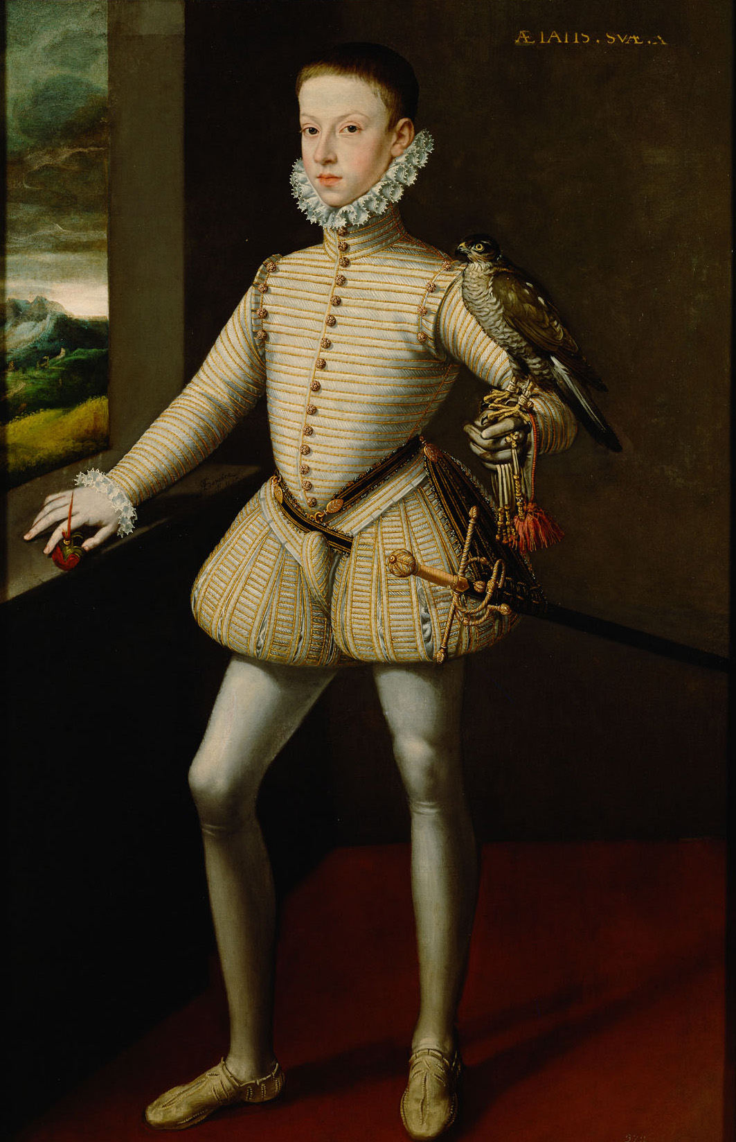 Erzherzog Wenzel (1561-1578) als Dreizehnjähriger mit einem Falken, ganze Figur, Alonso Sánchez Coello, 1574