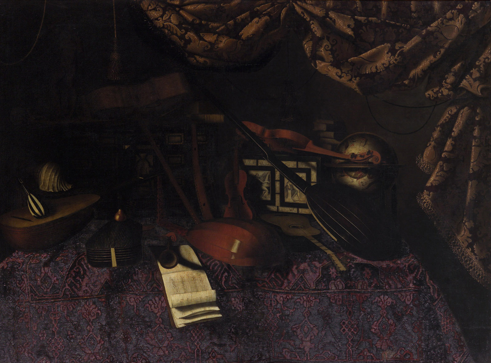 Stillleben mit Musikinstrumenten, Notenblättern, Himmelsglobus und Muschel, Bartolomeo Bettera, 1650-1700