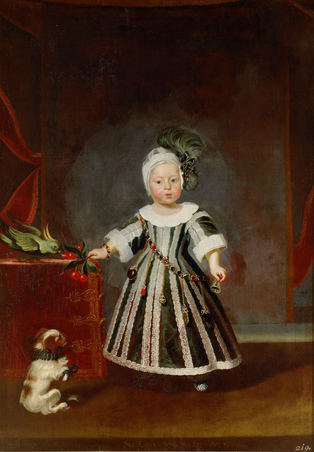Erzherzog Karl Joseph (1649-1664) mit Hündchen und Kakadu im Alter von etwa eineinhalb Jahren, Frans Luycx, 1650-1652