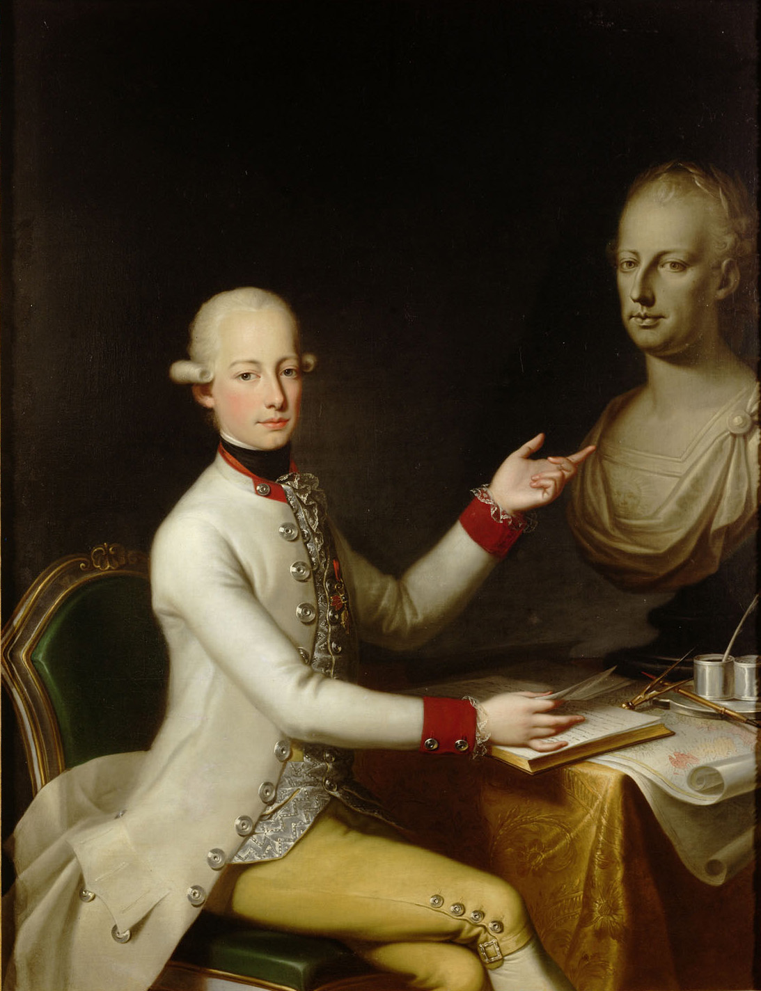 Kaiser Franz I. (II.) (1768-1835) im Alter von etwa 17 Jahren mit der Büste von Kaiser Joseph II., Kniestück, Joseph Hickel, 1783-1787