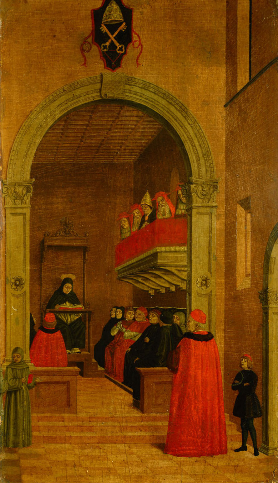 Szene aus dem Leben des Hl. Vinzenz Ferrer: Der Heilige legt in Avignon in Gegenwart des Papstes und der Kardinäle das Wort aus, Angelo degli Erri, 1450-1475