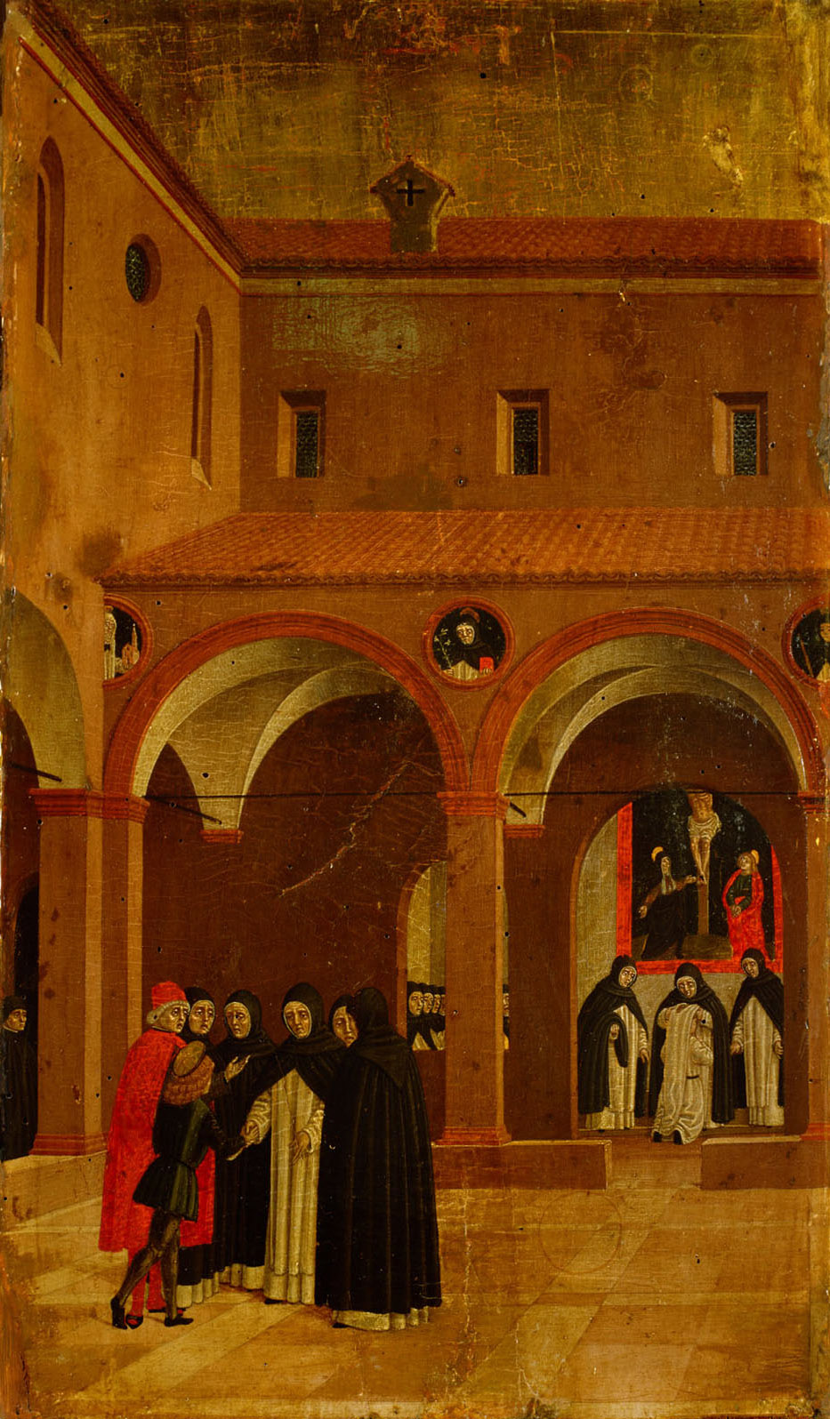 Szene aus dem Leben des Hl. Vinzenz Ferrer: Der Vater führt den Knaben Vinzenz zu den Dominikaners, von denen er drei Tage später eingekleidet wird, Angelo degli Erri, 1450-1475