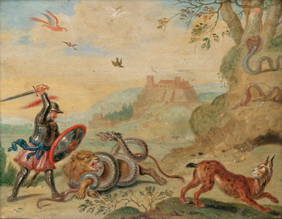 Ansichten aus den vier Weltteilen mit Szenen von Tieren: Guarmen, Ferdinand van Kessel, 1650-1700