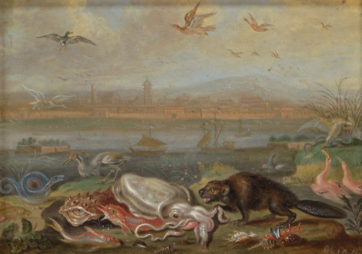 Ansichten aus den vier Weltteilen mit Szenen von Tieren: Kanton in China, Ferdinand van Kessel, 1650-1700
