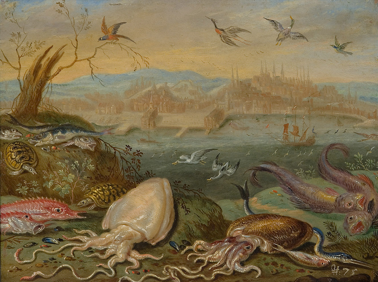 Ansichten aus den vier Weltteilen mit Szenen von Tieren: Lissabon, Ferdinand van Kessel, 1650-1700
