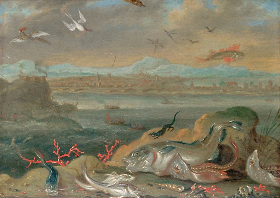 Ansichten aus den vier Weltteilen mit Szenen von Tieren: Callao (Peru), Ferdinand van Kessel, 1650-1700