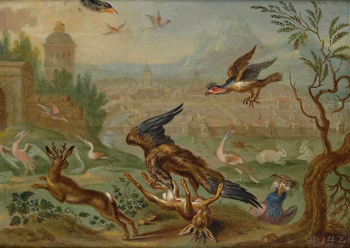 Ansichten aus den vier Weltteilen mit Szenen von Tieren: Damaskus, Ferdinand van Kessel, 1650-1700