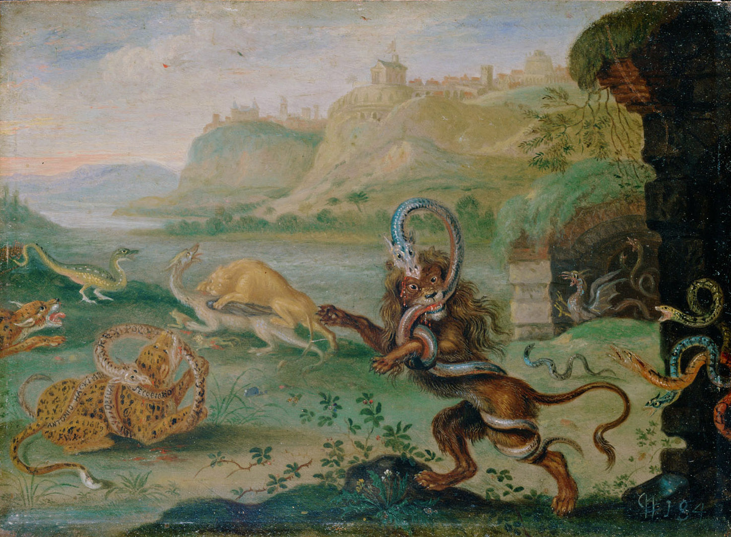 Ansichten aus den vier Weltteilen mit Szenen von Tieren: Sao Salvador do Congo, Ferdinand van Kessel, 1689