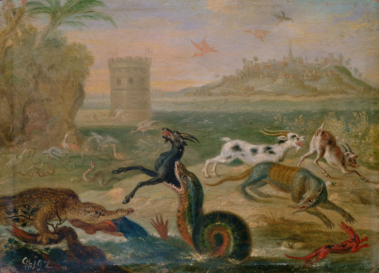 Ansichten aus den vier Weltteilen mit Szenen von Tieren: Olinda (Pernambuco, Brasilien), Ferdinand van Kessel, 1650-1700