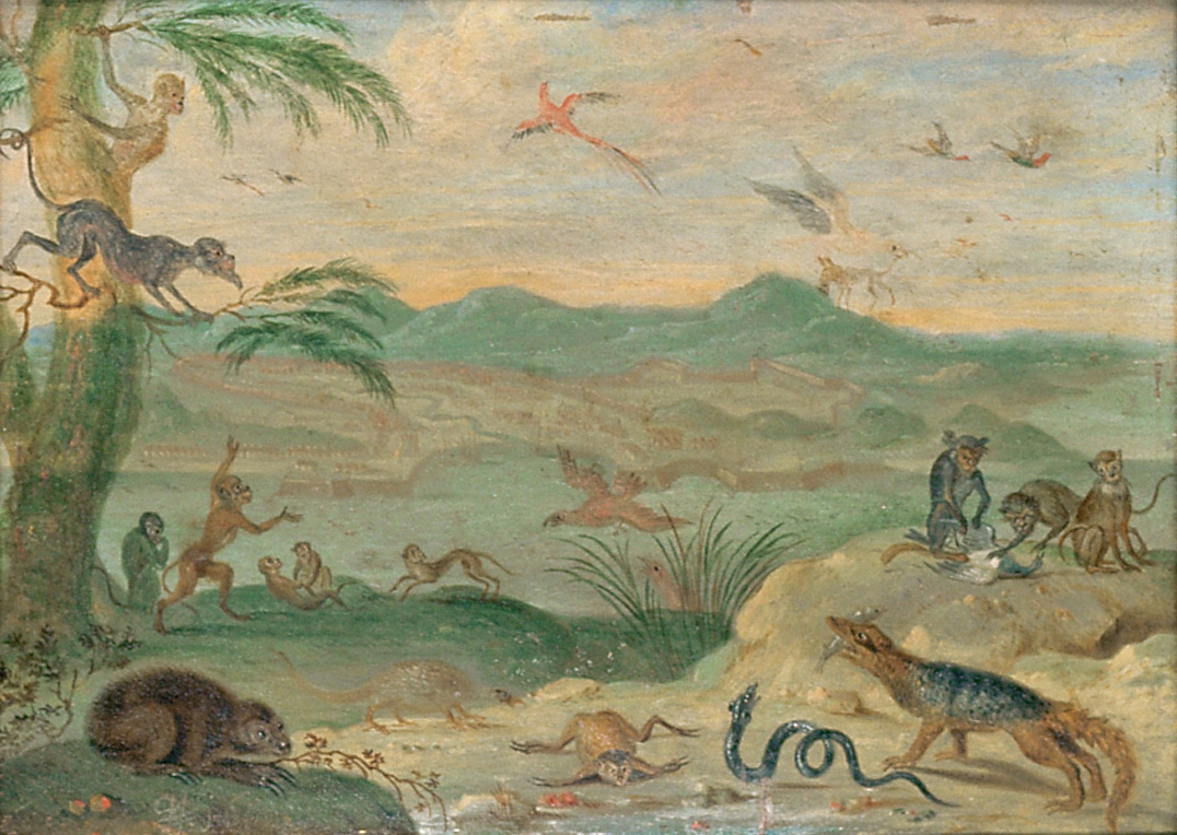 Ansichten aus den vier Weltteilen mit Szenen von Tieren: Santiago, Ferdinand van Kessel, 1650-1700