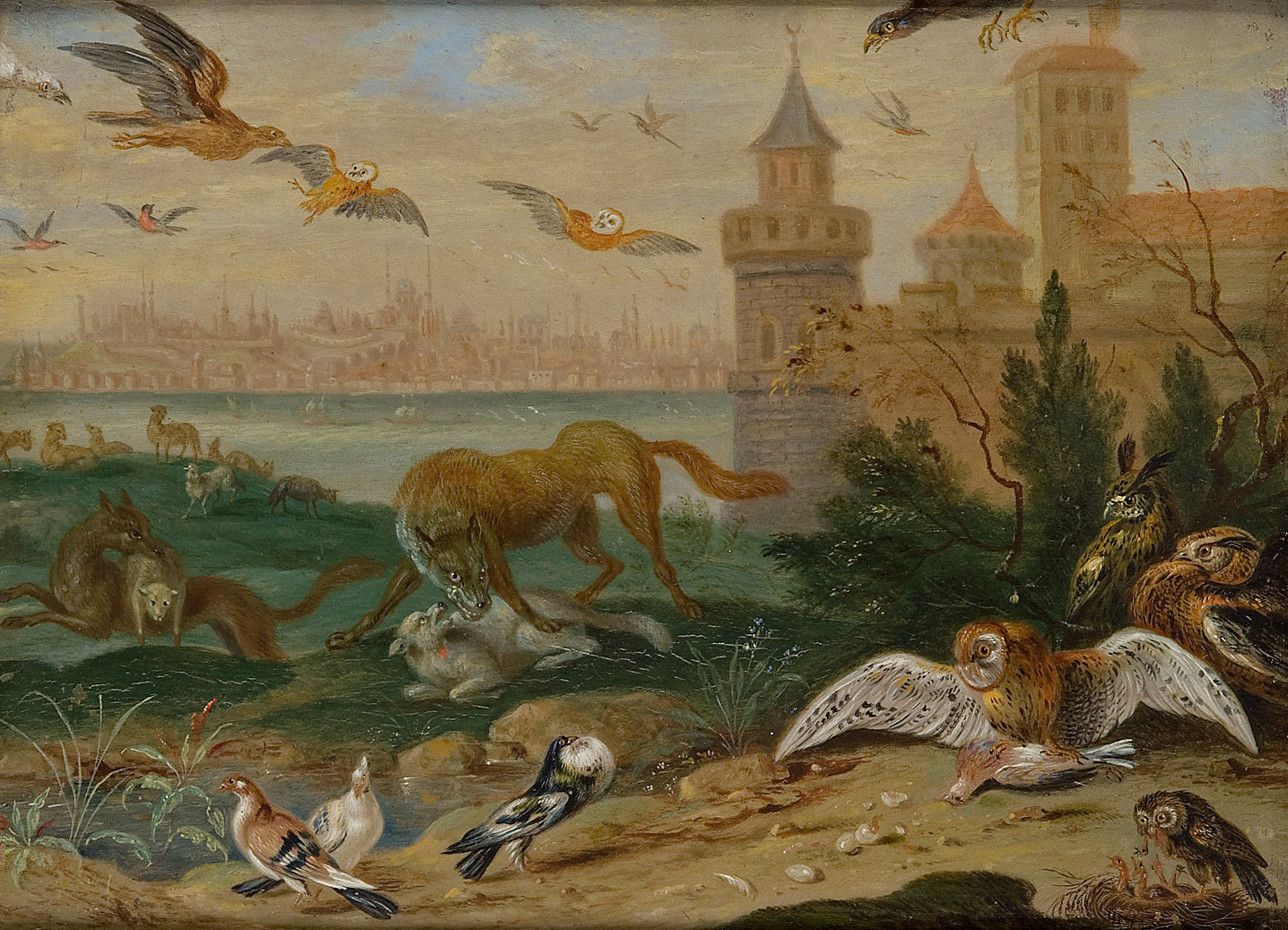 Ansichten aus den vier Weltteilen mit Szenen von Tieren: Konstantinopel, Ferdinand van Kessel, 1650-1700