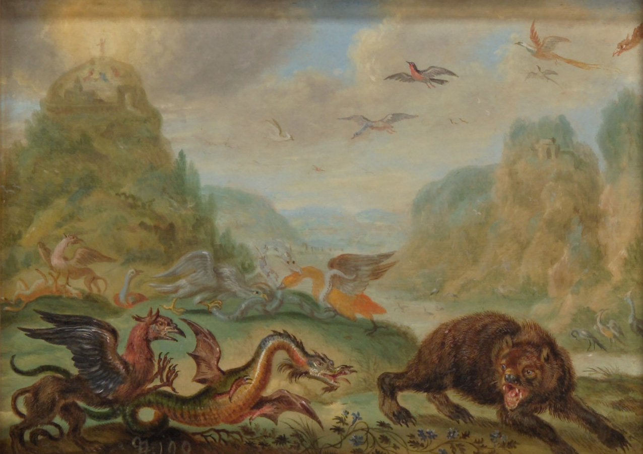 Ansichten aus den vier Weltteilen mit Szenen von Tieren: Berg Tabor, Ferdinand van Kessel, 1650-1700