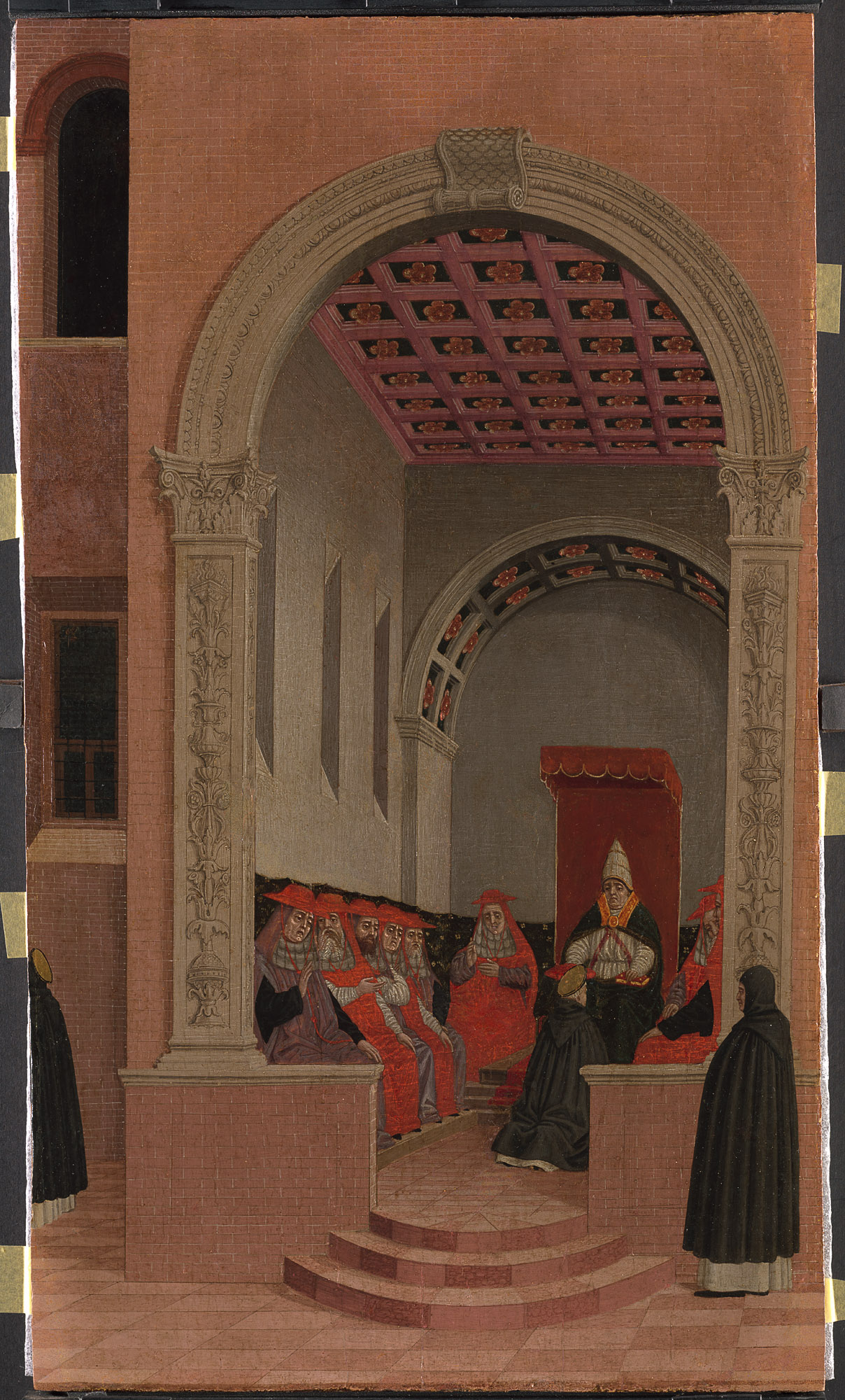 Szene aus dem Leben des Hl. Vinzenz Ferrer: Der Heilige erhält vom Papst die Erlaubnis, das Evangelium überall durch Predigt zu verkünden, Angelo degli Erri, 1450-1475