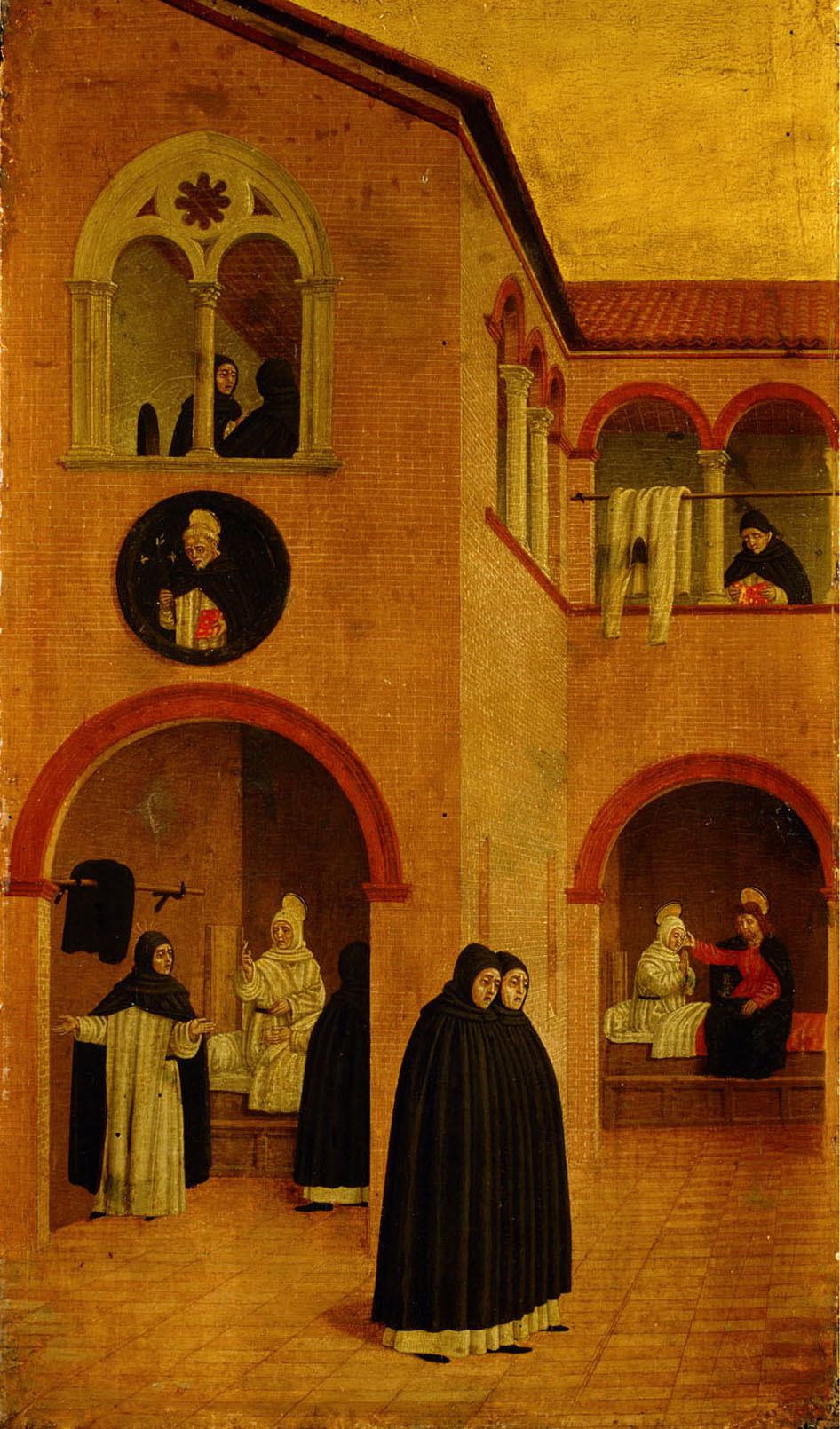 Szene aus dem Leben des Hl. Vinzenz Ferrer: Durch Aufregungen infolge des Schismas erkrankt der Heilige; er wird am Krankenbett vom Heiligen Dominikus besucht und von Christus geheilt, Angelo degli Erri, 1450-1475