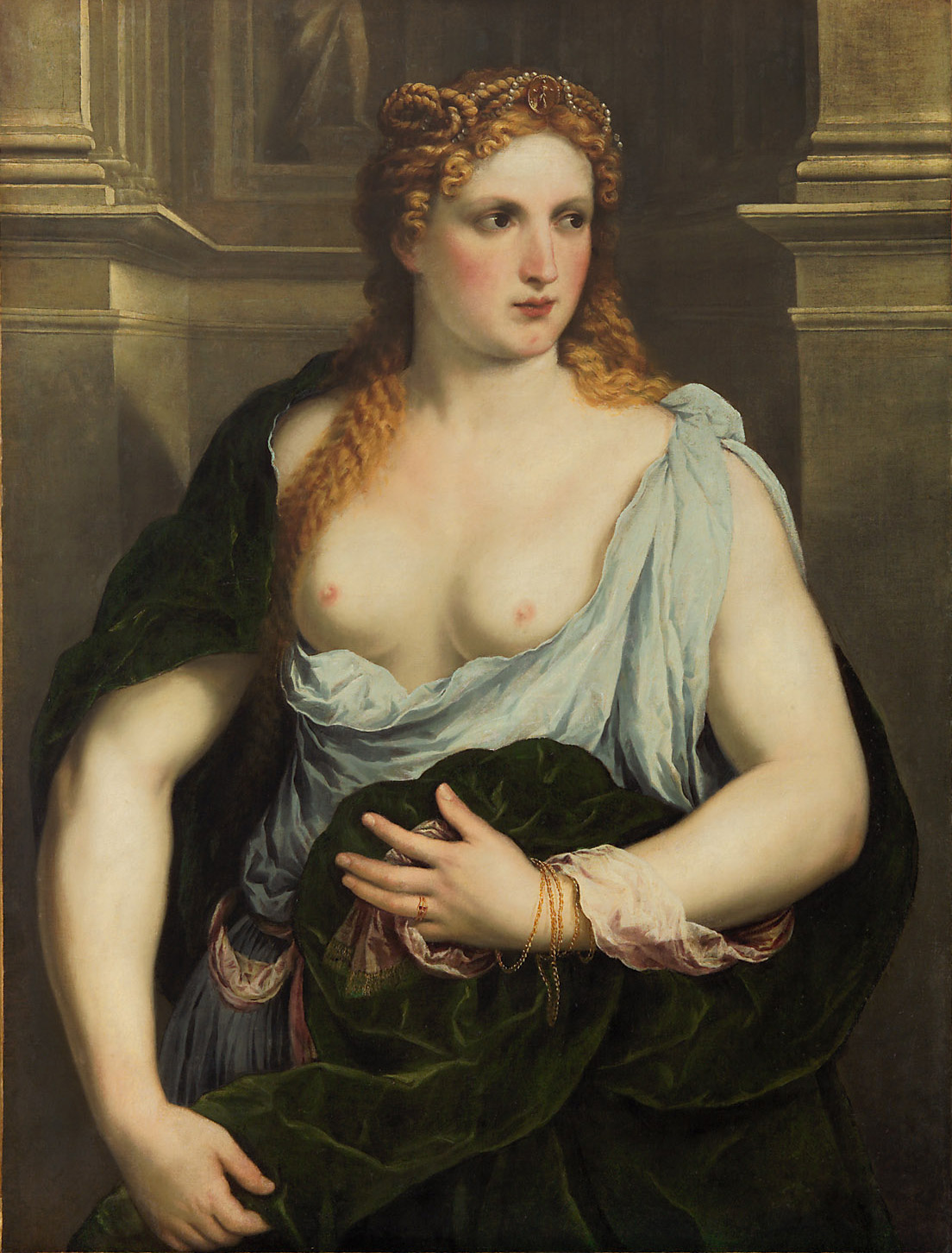 Bildnis einer Frau im grünen Mantel, Paris Paschalinus Bordon, gen. Bordone, 1540-1560