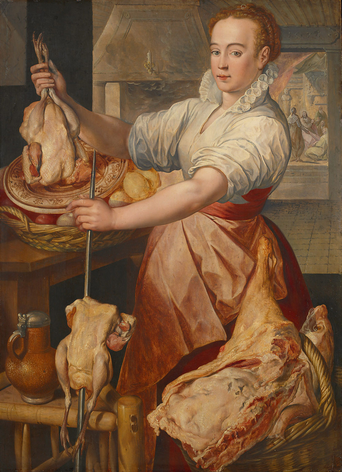 Köchin (im Hintergrund Christus bei Maria und Martha), Joachim Beuckelaer, 1574