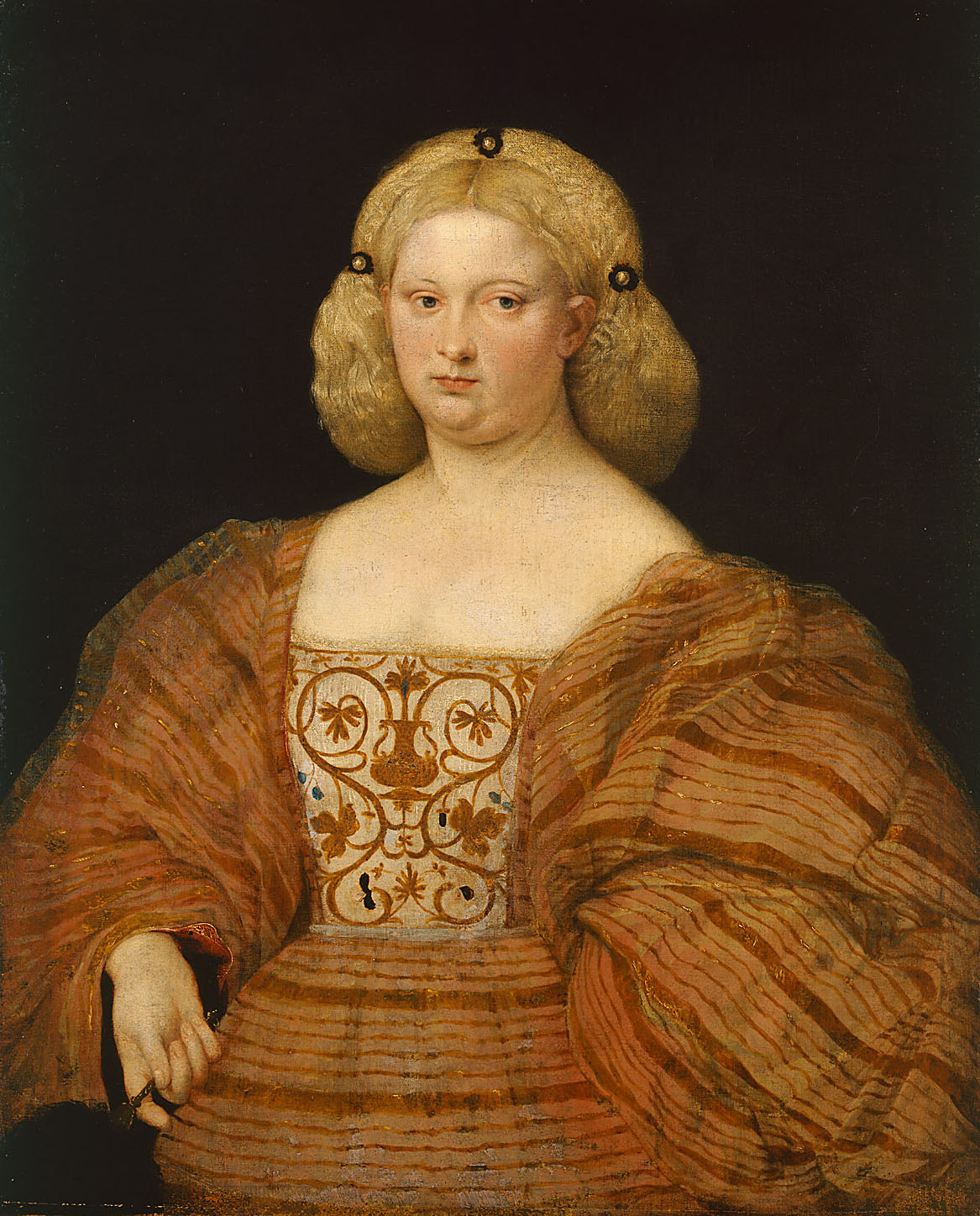 Bildnis einer Frau in gestreiftem Kleid mit Fächer, Giovanni Busi, gen. Cariani, 1530-1535