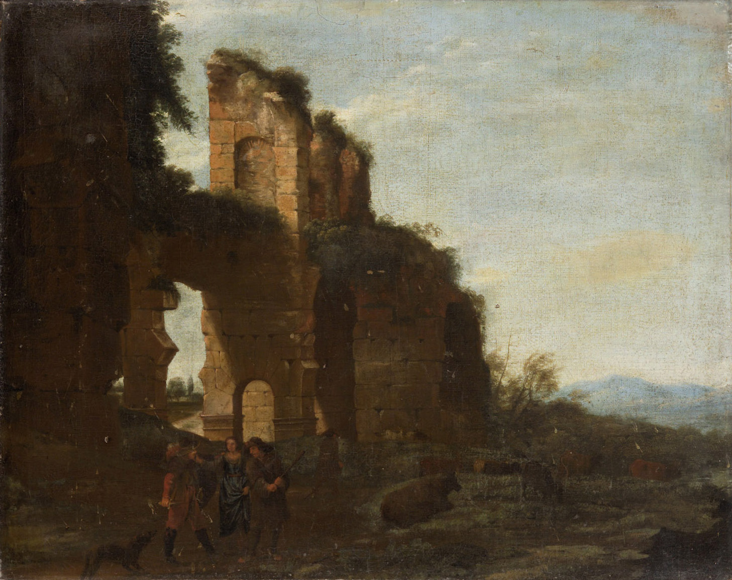 Ruine mit Räubern und einer Frau, Willem van Bemmel, 1650-1700