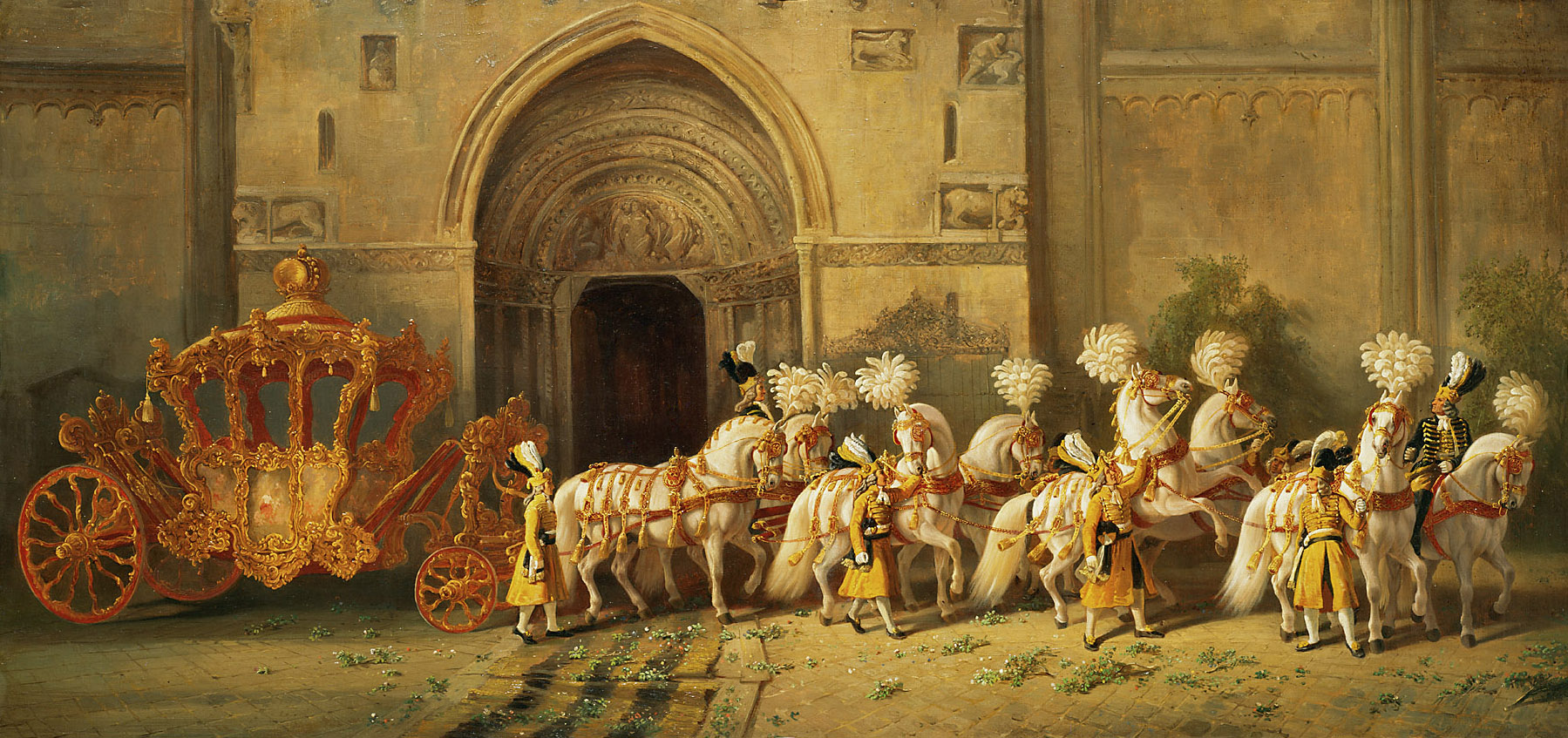 Imperialwagen mit Achterzug vor dem Wiener Stephansdom, Johann Erdmann Gottlieb Prestel, 1848-1850