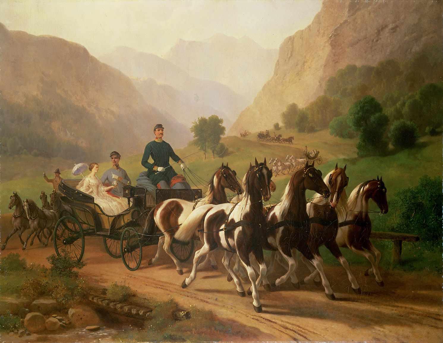 Kaiser Franz Joseph (1830 - 1916) und seine Braut bei einer Ausfahrt in der Umgebung von Ischl, Johann Erdmann Gottlieb Prestel, 1853-1854