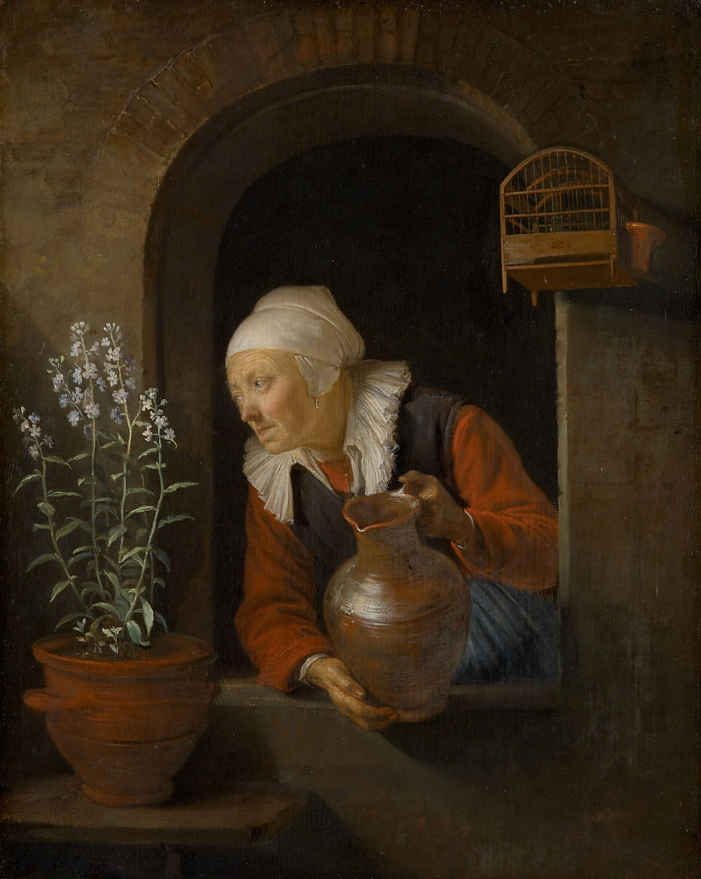 Alte Frau am Fenster, Blumen giessend, Gerard Dou, 1660-1665