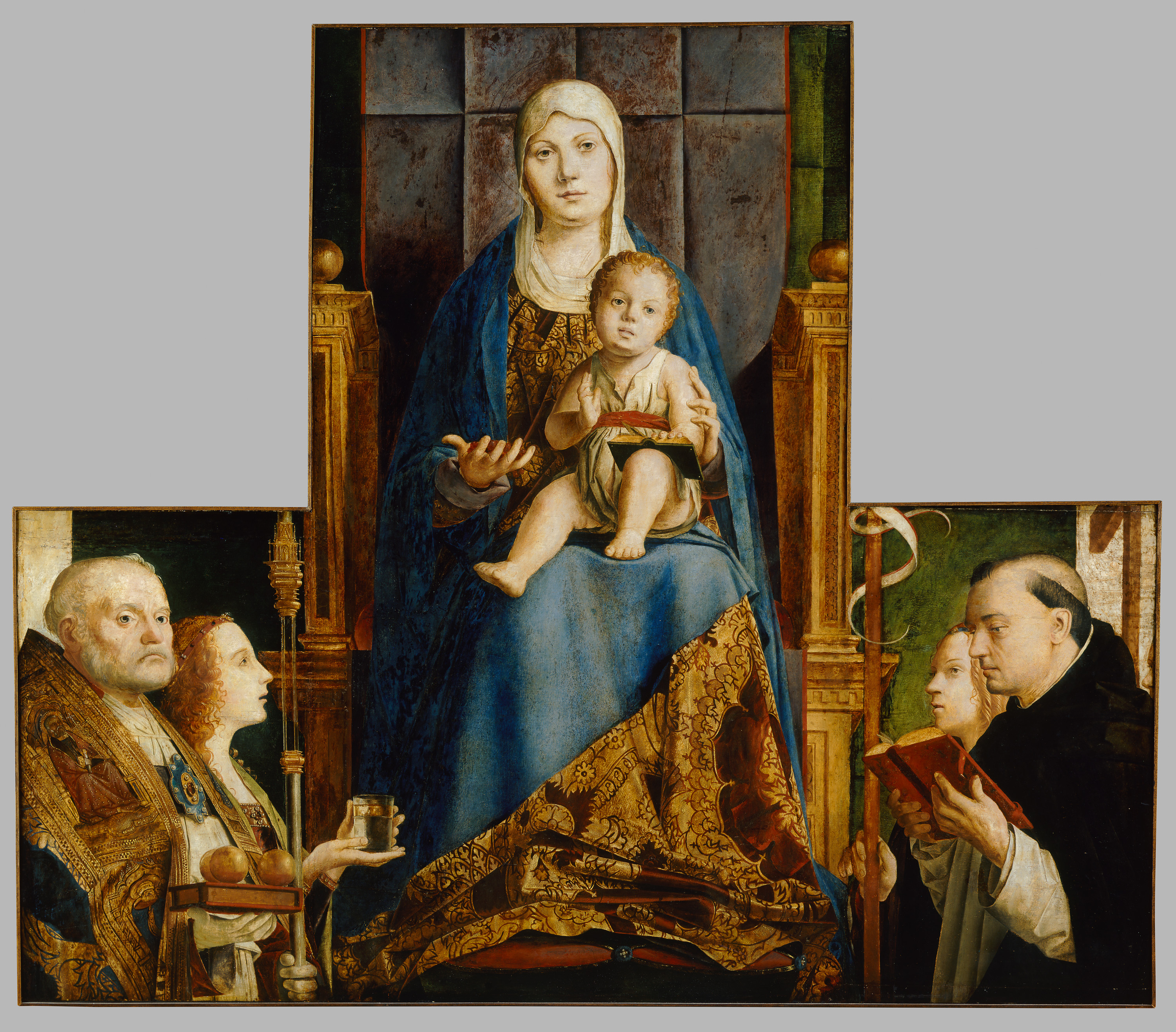 Maria mit Kind und den Hll. Nikolaus von Bari, Anastasia (?), Ursula, Dominikus und (vom Rahmen überschnitten) Helena, Antonello da Messina, 1475-1476