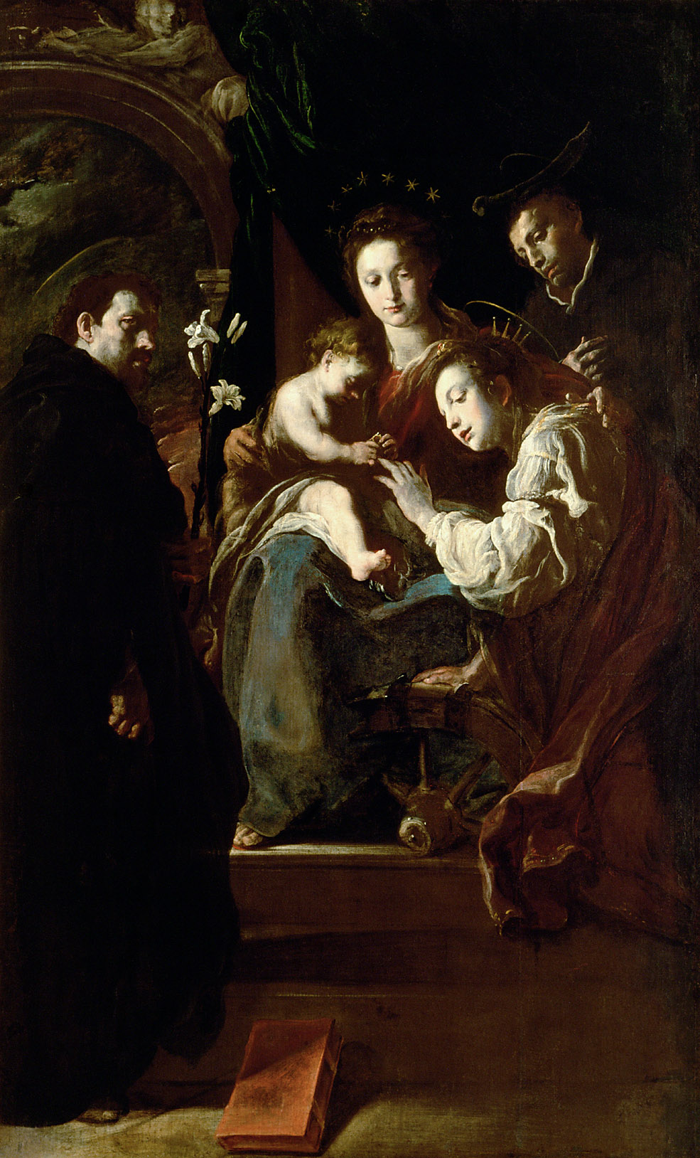 Mystische Verlobung der Hl. Katharina und die Hll. Dominikus und Petrus Martyr, Domenico Fetti, 1617-1621