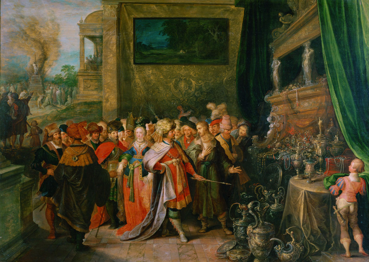 Krösus zeigt Solon seine Schätze (Im Hintergrund Krösus auf dem Scheiterhaufen), Frans II. Francken, 1615-1625