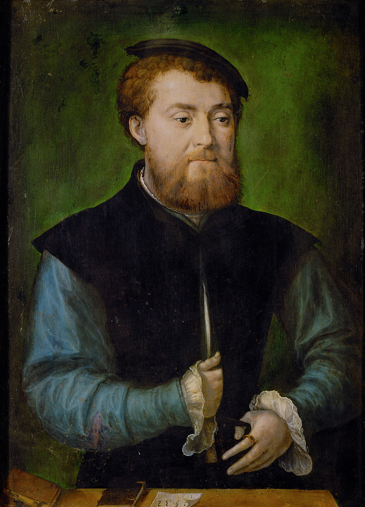 Bärtiger Mann in schwarzem Wams mit blauen Ärmeln, Französisch, 1532