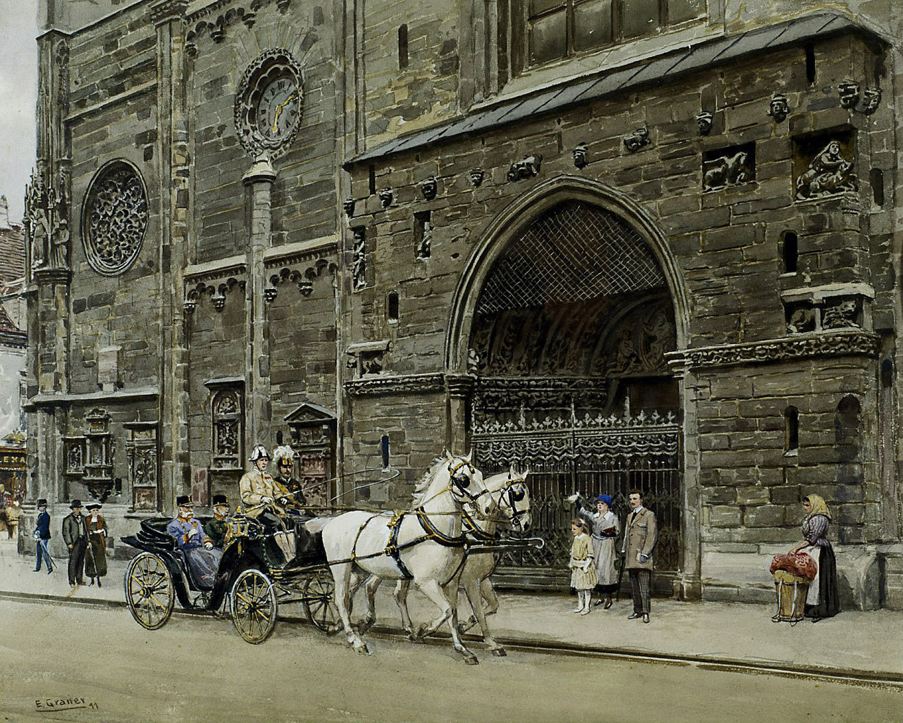 Kaiser Franz Joseph und Generaladjutant Graf Eduard Paar in einem Mylord mit Schimmelpaarweiszug vor der Stephanskirche, Ernst Graner, 1911