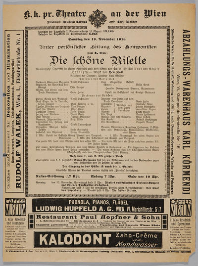 Theatermuseum Theaterzettel Die schöne Risette