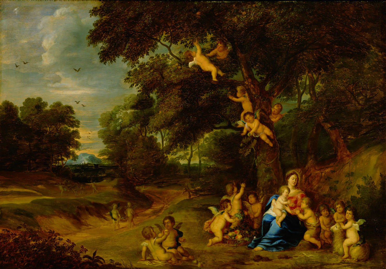 Maria mit Kind, Johannesknaben und Engeln in einer Waldlandschaft, Peeter van Avont, 1600-1650