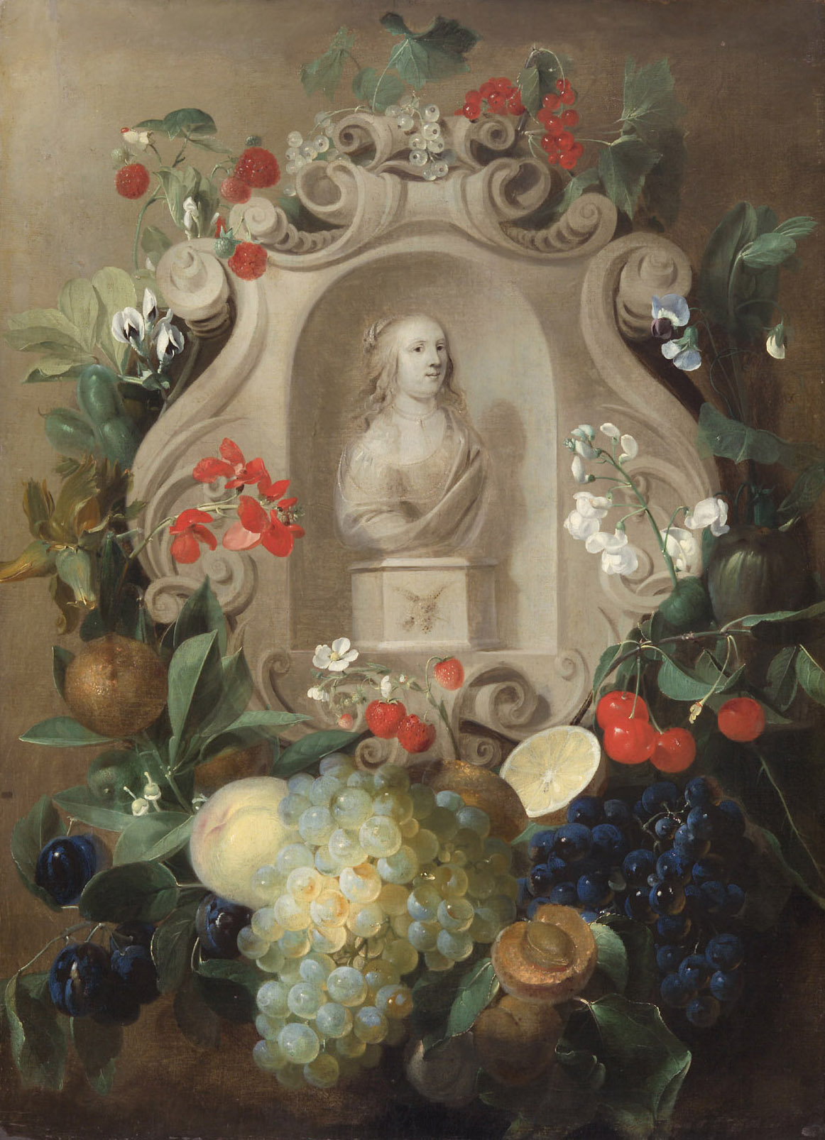 Weibliche Büste in Blumen- und Fruchtgirlande, Jan van den Hecke, 1645-1650