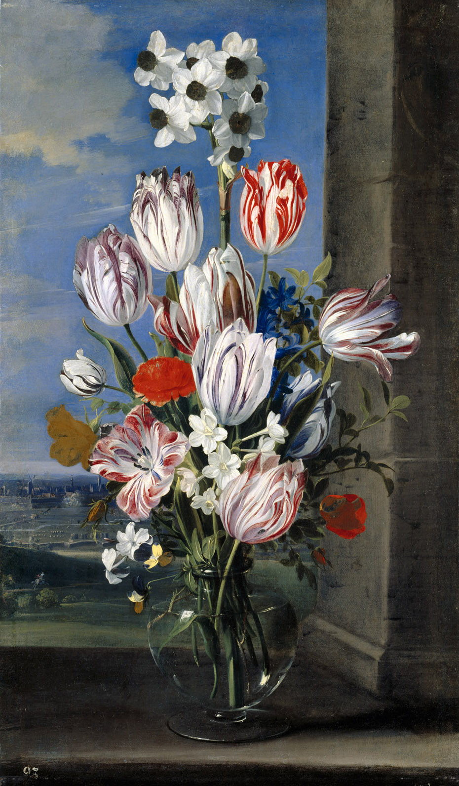 Blumen in einer Vase mit der Belagerung von Gravelingen, Jan van den Hecke, 1652