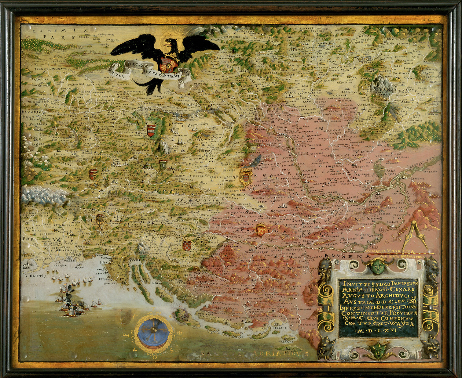 Landkarte der habsburgischen Erblande mit Kompaß (Karte des österreichisch-türkischen Kriegsschauplatzes), 1566